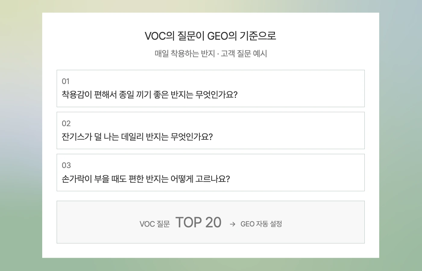 VOC의 질문이 GEO의 기준으로 — 고객 질문 TOP 20 자동 설정